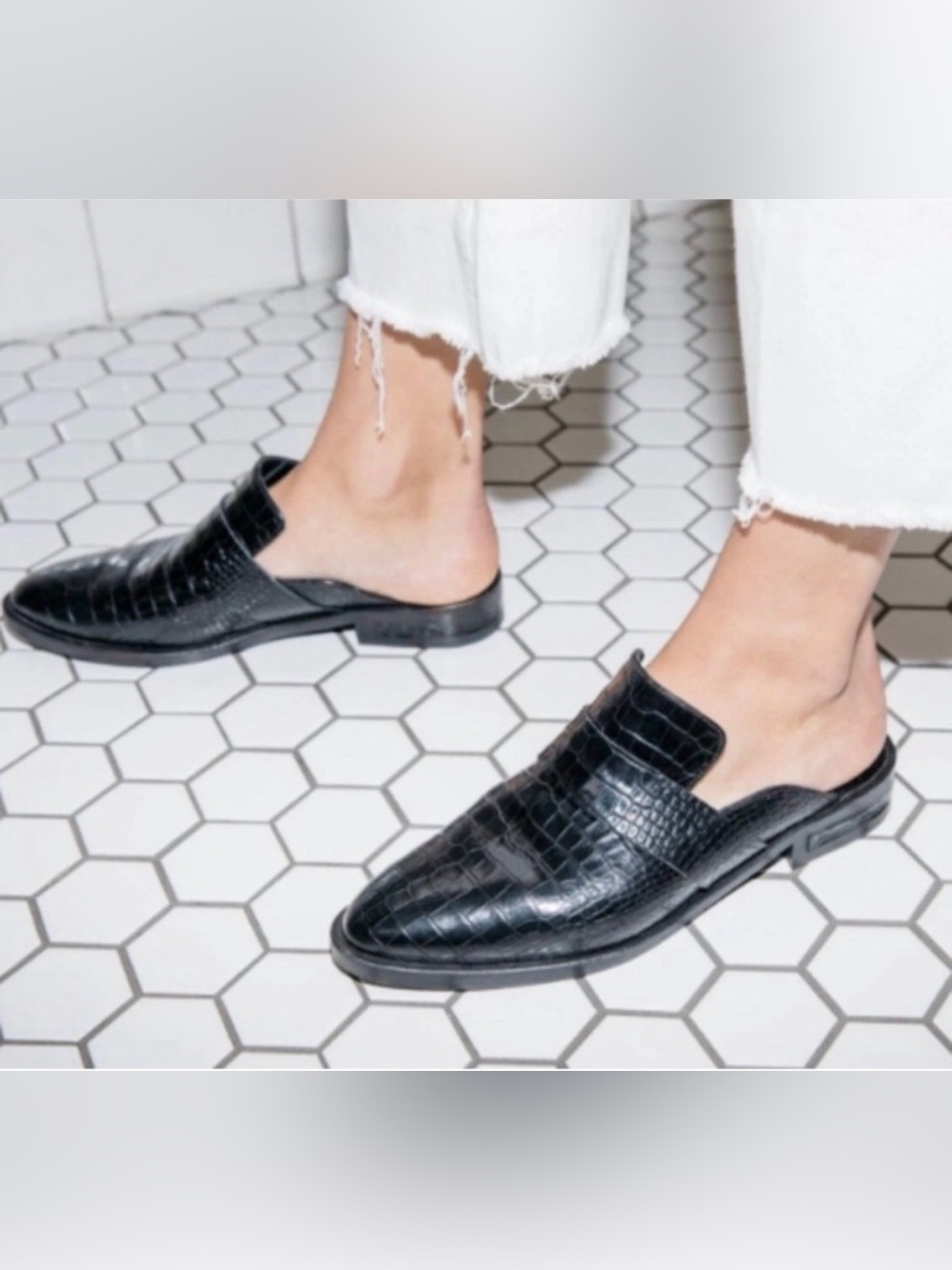 Freda Salvador Black Croc Embossed Leather Mules, size 6